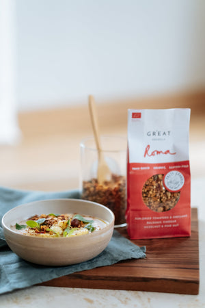 creamy roasted cauliflower soup with savoury granola