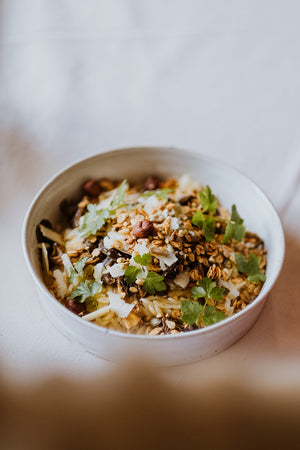 orzo pasta with chanterelle mushrooms and savoury granola