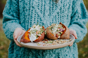 sweet potatoes with ricotta, mashed avocado and savoury granola