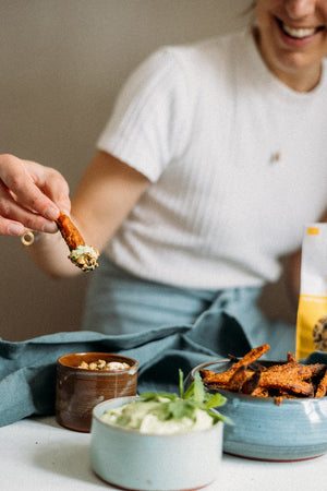 POLENTA SWEET POTATO FRIES • SALSA VERDE • GR’EAT PROVENCE