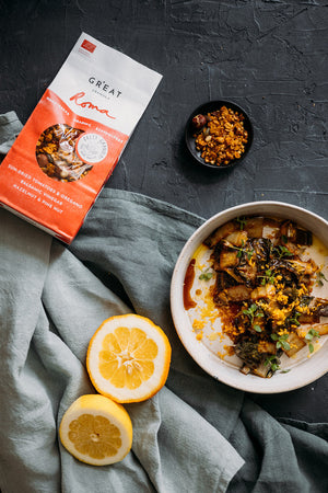 pak choi with maple syrup and savoury granola