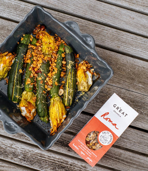 courgette flowers with ricotta and savoury granola