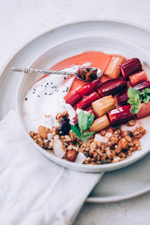 rhubarb with cashew cream and greek yoghurt