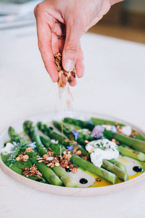 asparagus with green salsa and granola
