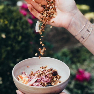 almond bircher muesli with apples, mulberries, honey and granola
