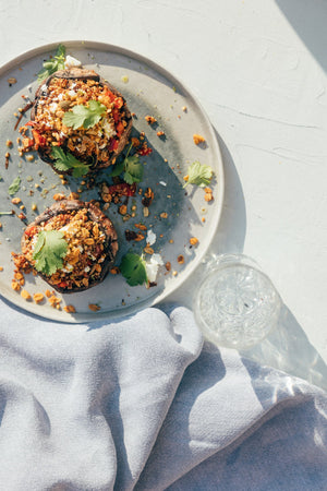 STUFFED PORTOBELLO MUSHROOMS • QUINOA • RED PEPPER • FETA • GR'EAT ROMA