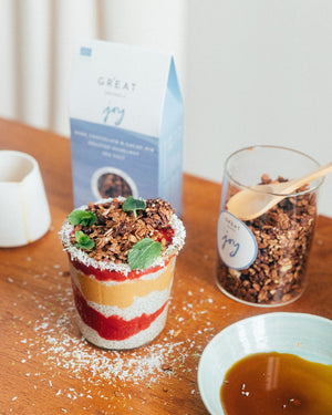 CHIA PUDDING • RASPBERRY COULIS • GR'EAT BUTTER⁠ • GR’EAT GRANOLA JOY⁠