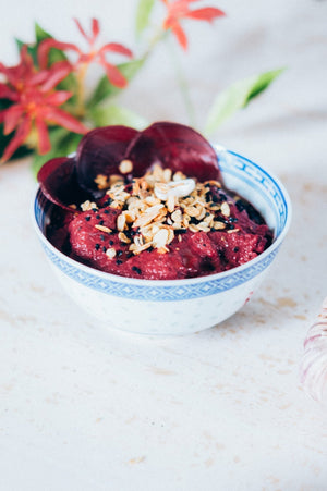 beetroot red hummus with savoury granola