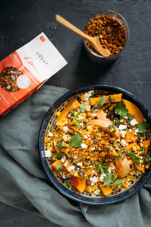 Roasted butternut with feta, spicy parsley salsa and corn