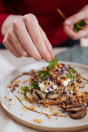 mushroom toast with ricotta and savoury granola