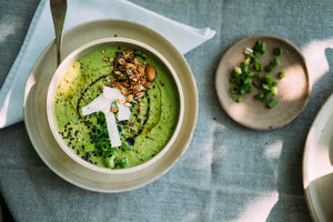 fresh peas gazpacho with cucumber and crunchy savoury granola