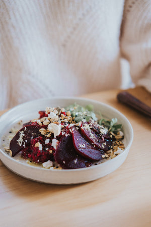 beetroot risotto and goat cheese with savoury granola